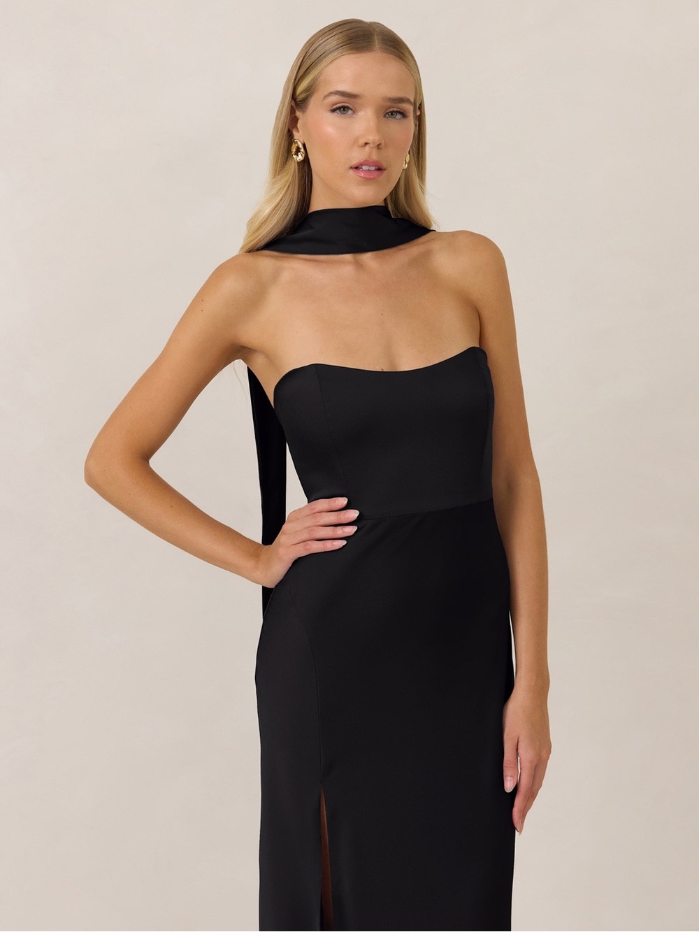 Park & Fifth Strapless Black Column Gown with Neck Sash